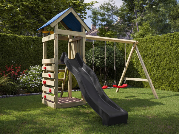 Geïmpregneerde speeltoren Easy incl. dubbele schommel incl. grijze glijbaan + rode schommelzitjes