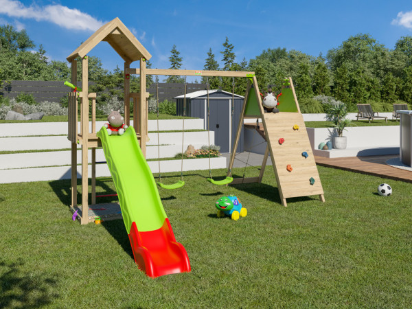 Speeltoren Malou incl. dubbele schommel, klimplatform met glijbaan groen-rood