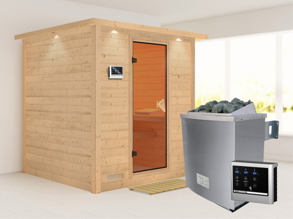 Massieve sauna Mojave met dakkraag, kompleet transparente gebronsde glazen deur, incl. 9kW kachel