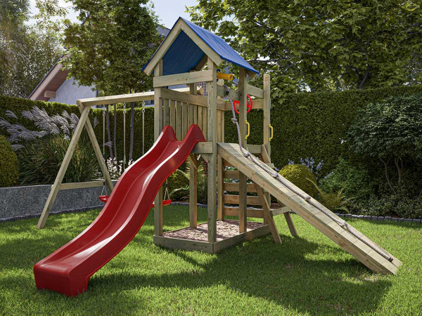 Geïmpregneerd houten speeltoren Hefty incl. dubbele schommel en rode glijbaan met rode schommelzitje