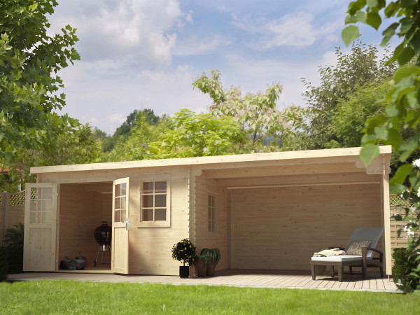 Tuinhuis blokhut CA2988 28 mm onbehandeld met 4 m aanbouw