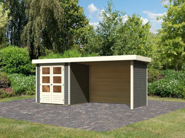 Tuinhuisje Askola 2 19 mm terra grijs incl. 2,8 m aangebouwd dak + zij- en achterwand