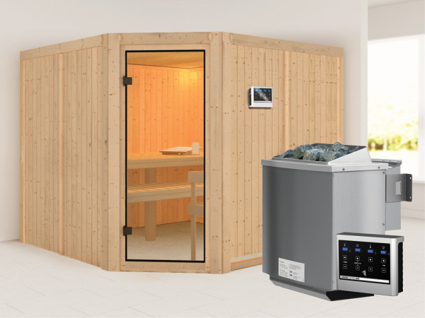 Sauna Ystad met gebronsde glazen deur + 9 kW Bio-Combi-kachel met ext. besturing