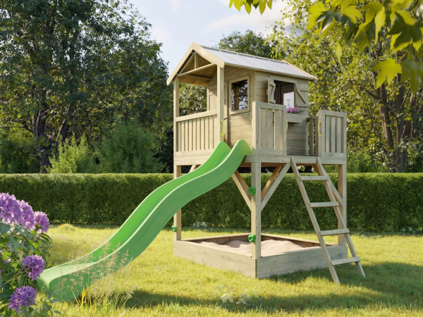 Geïmpregneerd speelhuisje op palen Funny XXL met zandbak incl. groene glijbaan