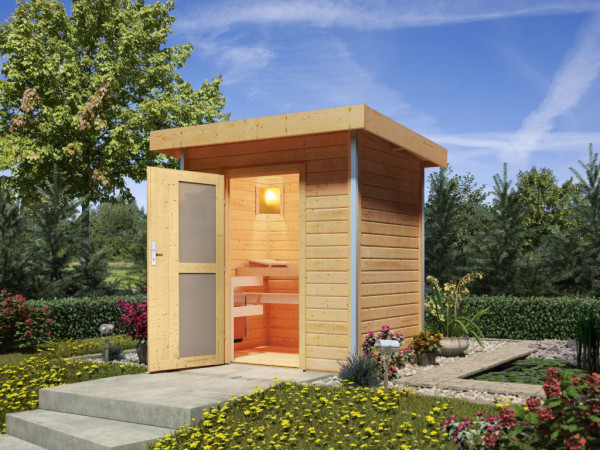 Buitensauna Roger met moderne deur, onbehandeld hout, incl. 9 kW bio-combikachel