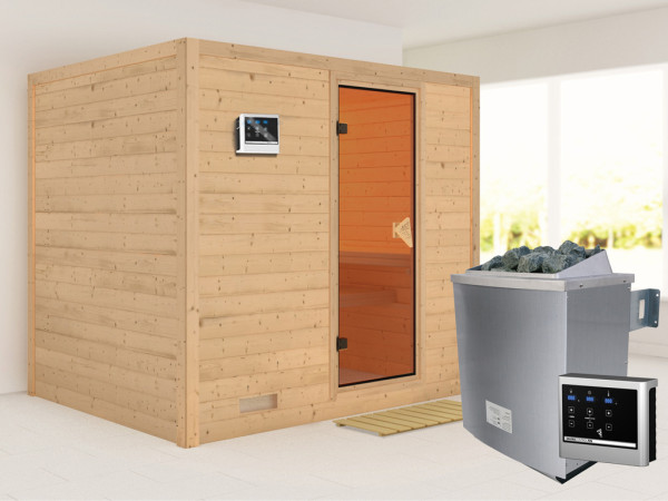 Massieve sauna Sonara kompleet transparente gebronsde glazen deur, incl. 9 kW kachel ext. besturing