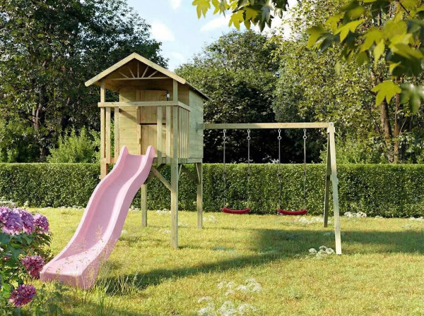Geïmpregneerd houten speelhuisje op palen Tree Hut incl. dubbele schommel en roze glijbaan