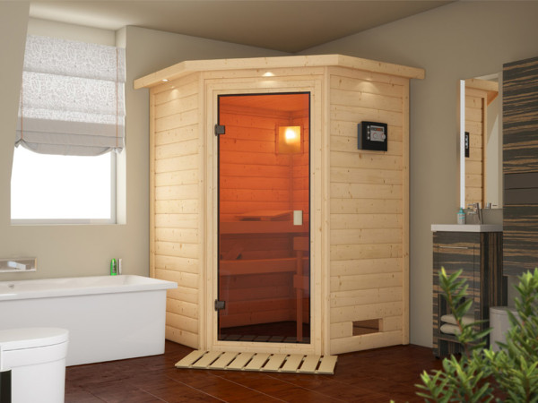 Massief houten sauna 38 mm Stefanie SPARSET incl. 3,6kW P&P saunakachel en externe bedieningseenheid