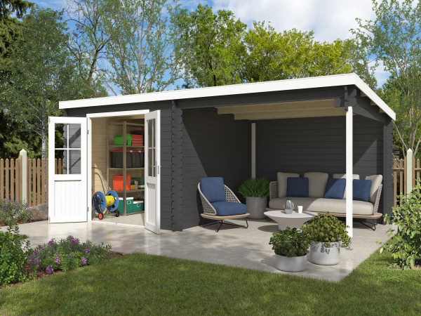 Blokhut Orlando Exclusief 28 mm carbongrijs met 3 m aanbouw