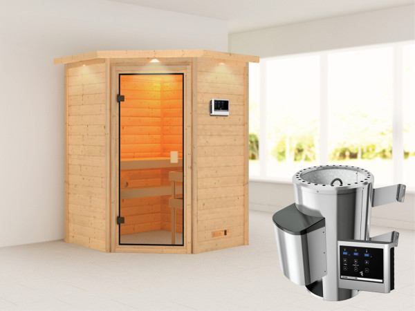 Sauna Antonia met gebronsde glazen deur en dakkraag + 3,6 kW Plug & Play saunakachel ext. besturing