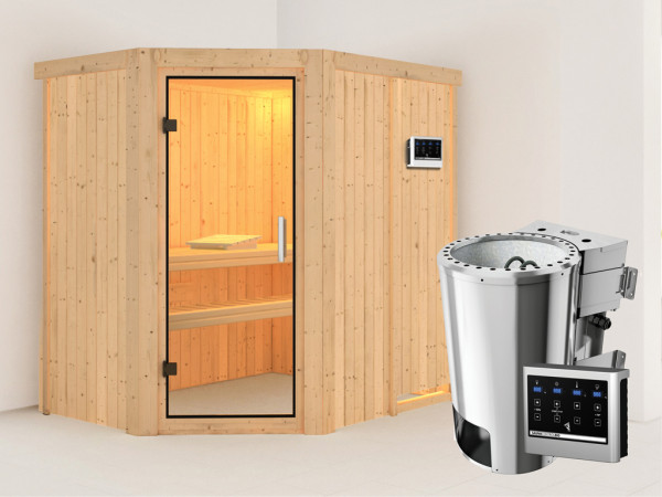 Systeemsauna Saja transparent glazen deur + Plug & Play Bio-kachel met ext. besturing