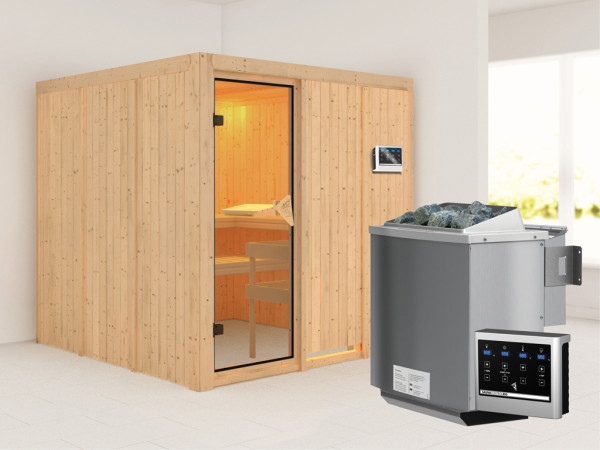 Systeemsauna Rodin kompleet transparente gebronsde glazen deur, incl. 9kW Bio-Combi-kachel