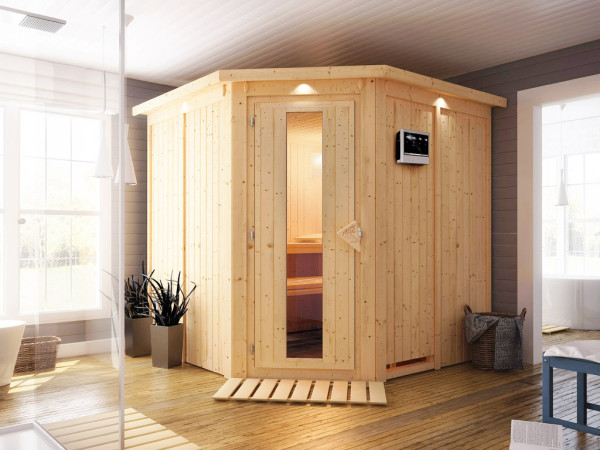 Systeemsauna Jarin met dakkraag, houten deur met geïsoleerd glas, incl. 9kW Bio-Combi-kachel