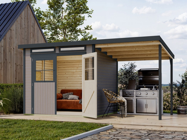 Tuinhuis "Glücksberg 5" 19 mm terragrijs incl. 190 cm aanbouwdak