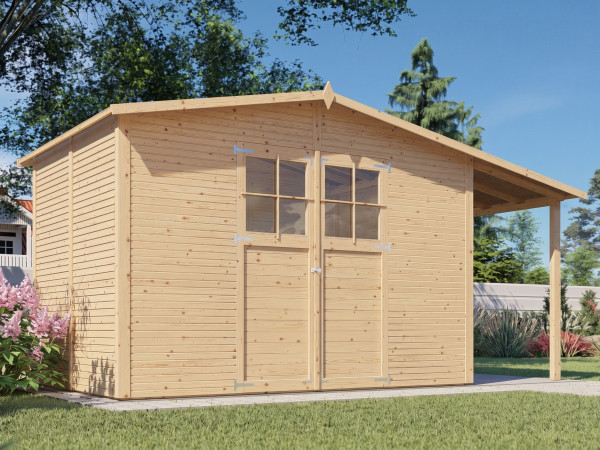 Tuinhuis "Alexis 4" met rhombusprofiel en aanbouw, 18 mm, naturel