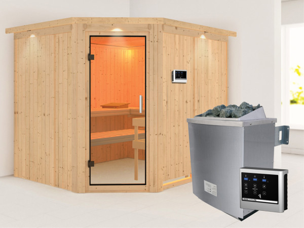 Systeemsauna Malin met dakkraag, transparent glazen deur + 9 kW saunakachel met ext. besturing