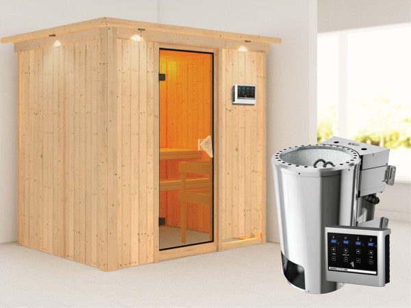 Systeemsauna Fanja met dakkraag, incl. Plug & Play Bio-kachel externe besturing