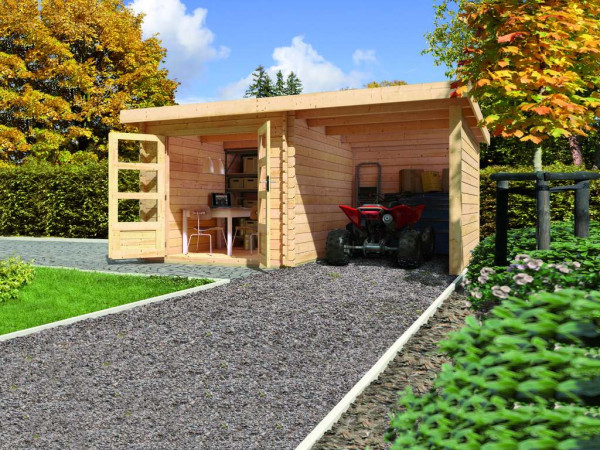 Tuinhuisje Blokhut SET Bastrup 2 28 mm natuurlijke afwerking, incl. 2 m aangebouwd dak
