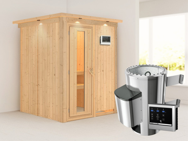 Systeemsauna Minja met dakkraag, energiebesparende deur + Plug & Play saunakachel met ext. besturing