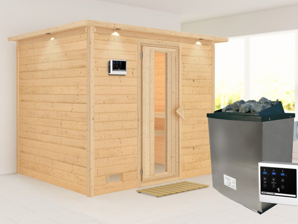 Massieve sauna Sonara met dakkraag, houten deur met geïsoleerd glas, incl. 9kW kachel ext. besturing