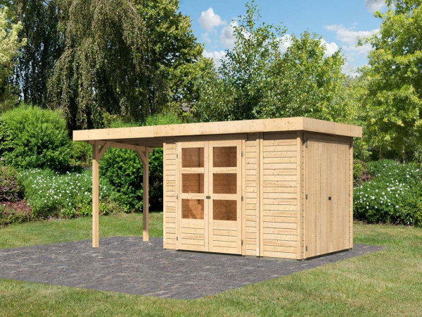 Tuinberging SET Retola 2 19 mm natuurlijke afwerking, incl. 2,4 m aanbouwdak + aanbouwkast