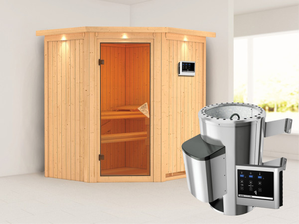 Systeemsauna Tonja met dakkraag, incl. Plug & Play saunakachel externe besturing