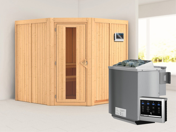 Systeemsauna Jarin houten deur met geïsoleerd glas, incl. 9 kW Bio-Combi-kachel ext. besturing