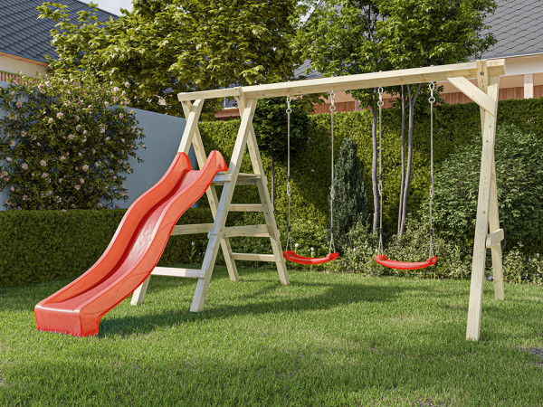 Dubbele schommel met platform Cosy Double KDI incl. glijbaan rood + 2 schommelzitjes rood