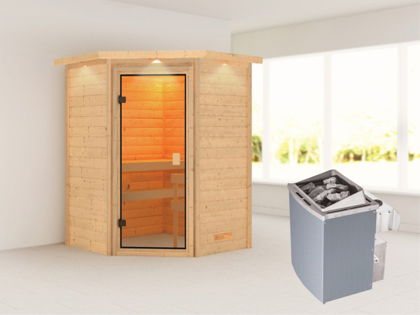 Massieve sauna Antonia met dakkraag, incl. 4,5 kW kachel met int. besturing