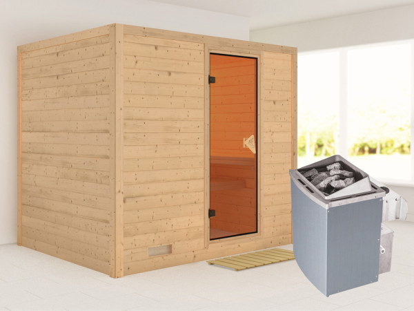 Massieve sauna Sonara kompleet transparente gebronsde glazen deur, incl. 9 kW kachel int. besturing