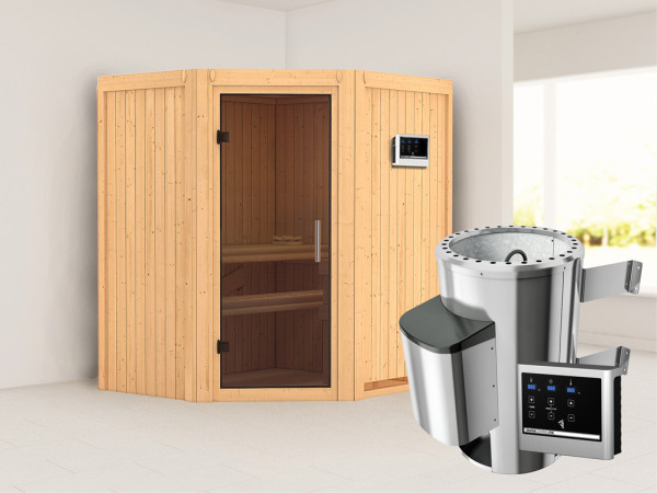 Systeemsauna Tonja grafiet glazen deur + Plug & Play saunakachel met ext. besturing