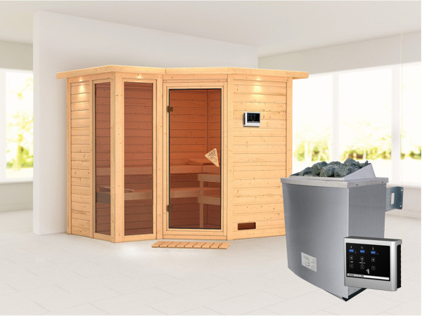 Massieve sauna Amara met dakkraag incl. 9 kW saunakachel ext. besturing