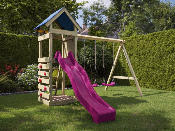 Speeltoren Easy, geïmpregneerd, incl. dubbele schommel, incl. glijbaan roze + schommelzitjes roze
