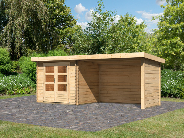 Blokhut tuinhuis SET Bastrup 2 28mm natuurlijke afwerking, incl. 3m aangebouwd dak + zij--achterwand