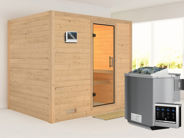 Massieve sauna Sonara transparent glazen deur + 9 kW Bio-Combi-kachel met ext. besturing