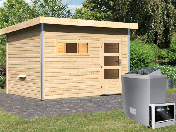 Saunahuis Skrollan 2 met transparente glazen deur & voorkamer, incl. 9kW saunakachel ext. besturing