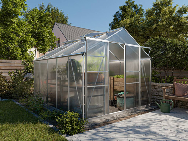 Tuinkas aluminium Athena zilver met polycarbonaat platen 4 mm