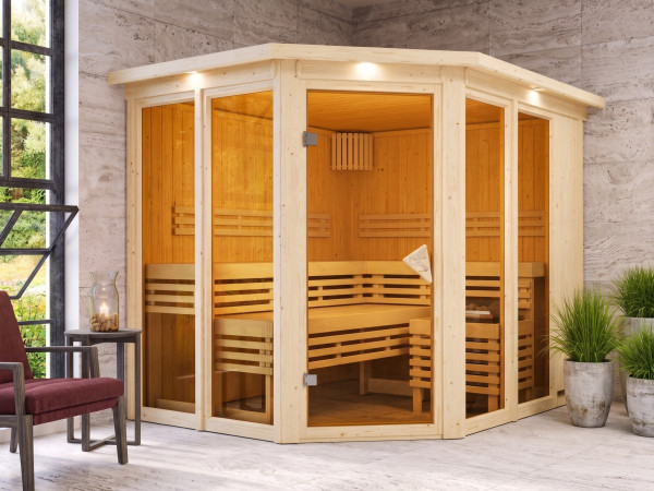 Sauna systeemsauna Premiumsauna Nuri spaarset inclusief 9 kW saunakachel en bedieningsunit Bio