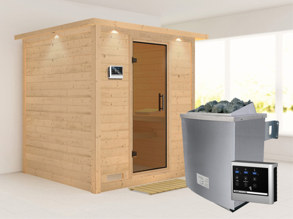 Massieve sauna Mojave met dakkraag, grafiet glazen deur, incl. 9 kW kachel ext. besturing