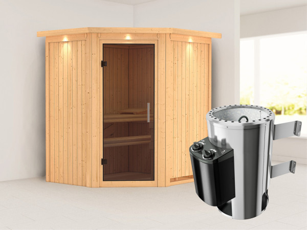 Systeemsauna Tonja met dakkraag, grafiet glazen deur + Plug & Play saunakachel met besturing