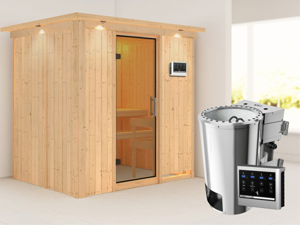 Systeemsauna Fanja met dakkraag, transparent glazen deur + Plug & Play Bio-kachel met ext. besturing