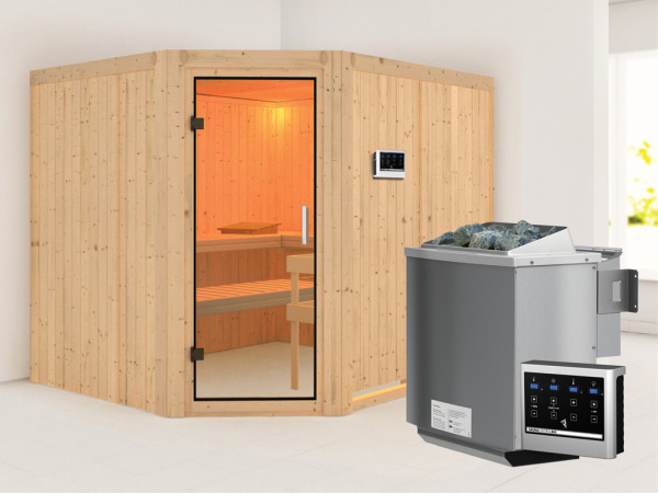 Systeemsauna Malin transparent glazen deur + 9 kW Bio-Combi-kachel met ext. besturing