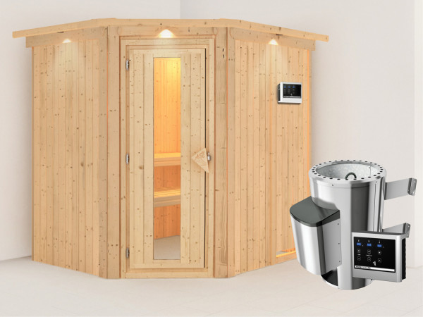 Systeemsauna Lilja met dakkraag, energiebesparende deur + Plug & Play saunakachel met ext. besturing