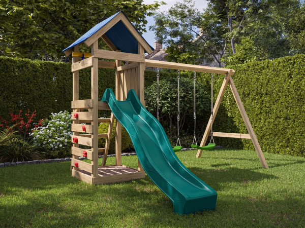 Geïmpregneerde houten speeltoren Easy incl. dubbele schommel en turquoise glijbaan met groene schomm