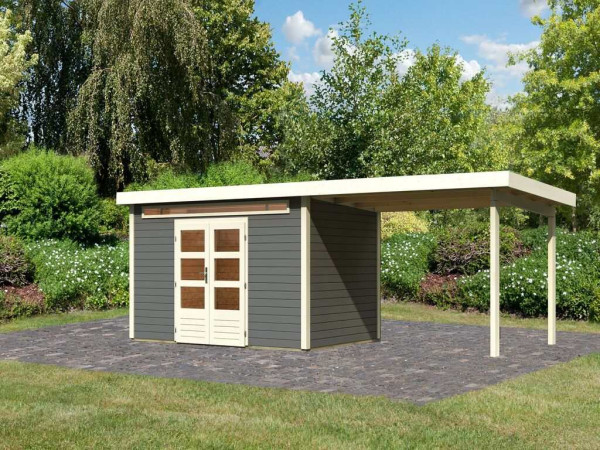 Tuinhuis SET Kandern 6 28 mm terra grijs, incl. 3,2 m aanbouwdak + zij- en achterwand