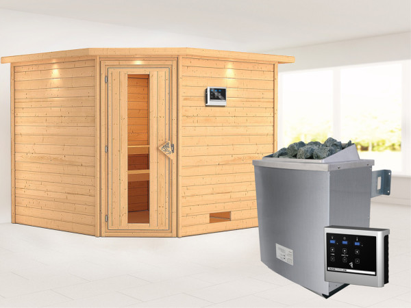 Massieve sauna Leona met dakkraag, energiebesparende deur + 9 kW saunakachel met ext. besturing