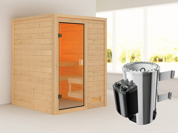 Sauna Sandra met gebronsde glazen deur + 3,6 kW Plug & Play saunakachel int. besturing