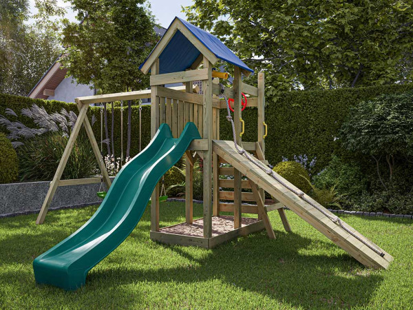 Geïmpregneerde houten speeltoren Hefty incl. dubbele schommel en turquoise glijbaan met groene schom