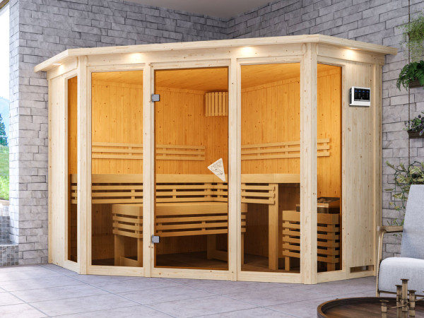 Sauna Alcinda met gebronsde glazen deur en dakkraag + 9 kW Bio-Combi-kachel met ext. besturing