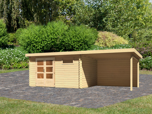 berging blokhut SET Bastrup 8 28 mm natuurlijke afwerking, incl. 3 m aanbouwdak + achterwand